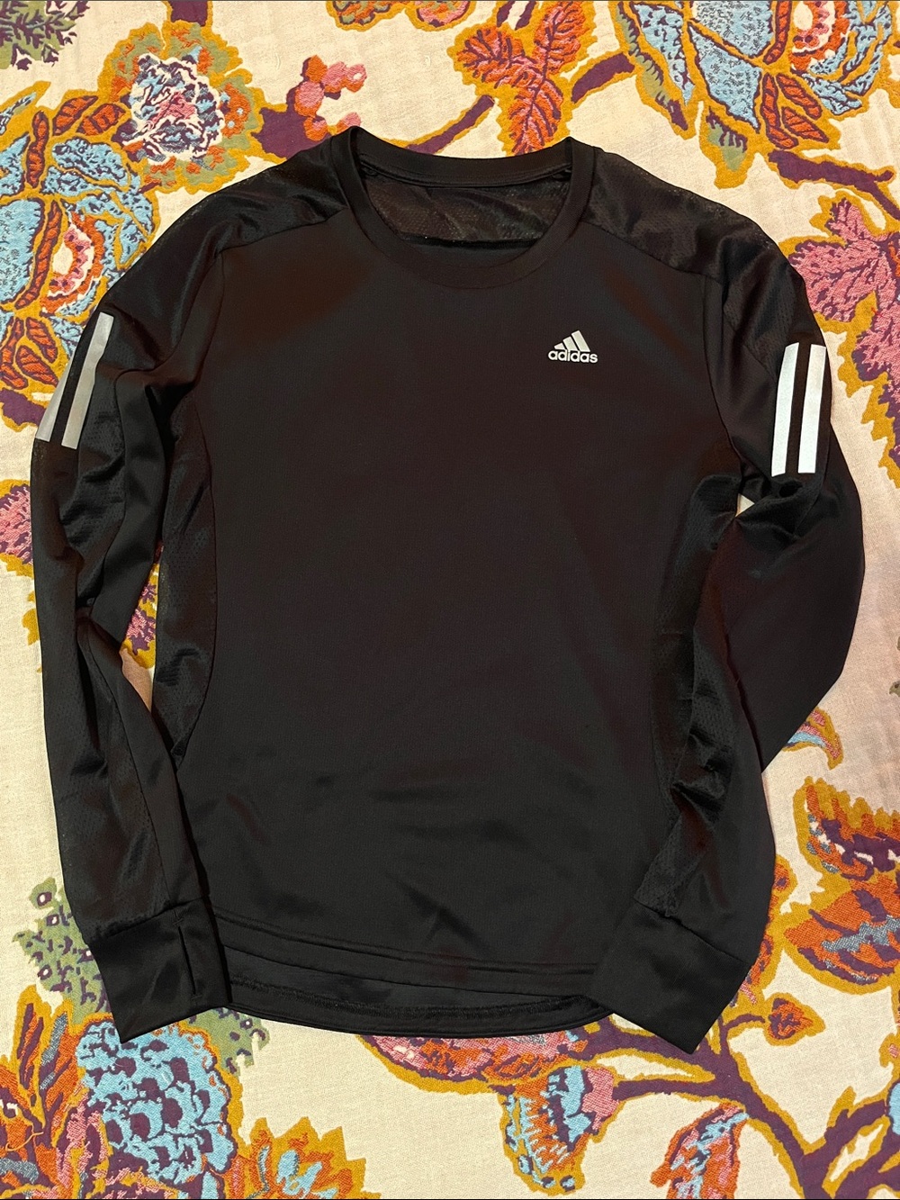 adidas Black Long-Sleeve Crew with White Sleeve Stripes